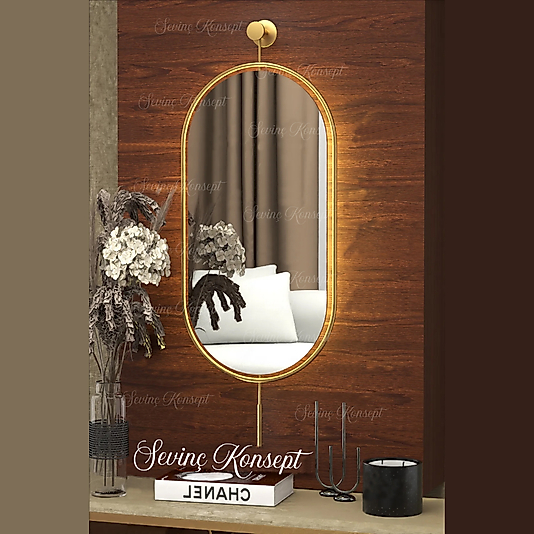 Led'li Gold Serenity Ayna 40 x 82 Cm, Dekoratif Duvar Salon Mutfak Banyo  Makyaj Aynası