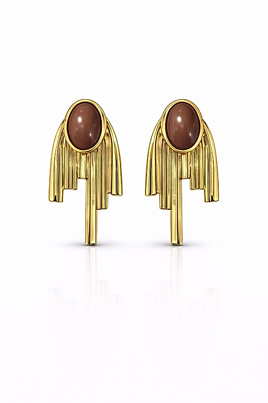 Kahverengi Oval Taşlı Gold Art Deco Kadın Küpe