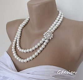 Bridal  Pearl  Necklace , Rhinestone Magnet Closure