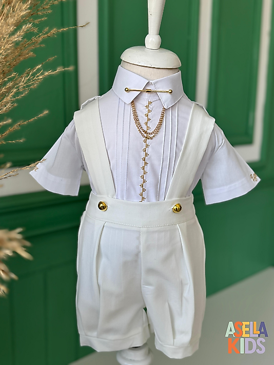 Erkek Çocuk Ekru Salopet Takım - Gold Nakışlı ve Yaka İğneli