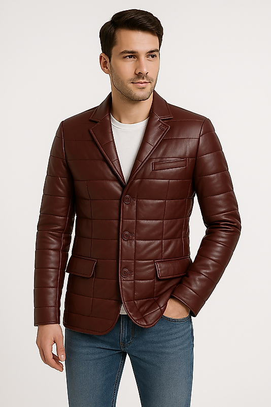 Silva Hakiki Deri Erkek Bordo Tafta Şişme Blazer Ceket