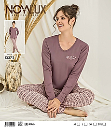 Gül Kurusu "Hello" Baskılı Üst & Geometrik Desenli Alt Kadın Pijama Takımı -Noya 13372