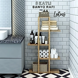 Lotus 5 Katlı Ahşap Banyo Rafı / Dekoratif Raf / Çok Amaçlı Kullanım (Atlantik Çam)