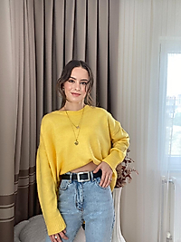 SARI OVERSİZE BİSİKET YAKA MARKA MODEL YUMOŞ KAZAK