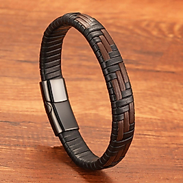 Kahve Ve Siyah Deri Örgü Ve Çelik Bileklik