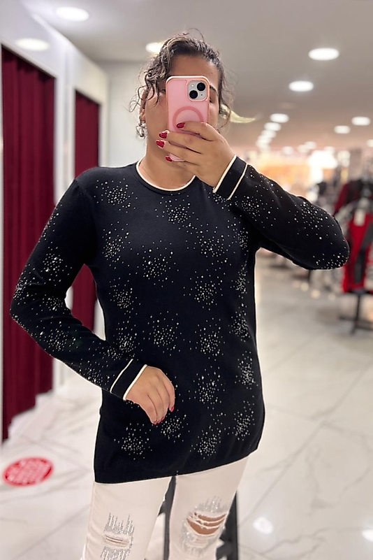 Egomoda Premium Angora Taşlı Kazak – Siyah