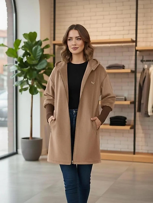 Angora Fermuarlı Cepli Kaban Sütlü KahveRenk