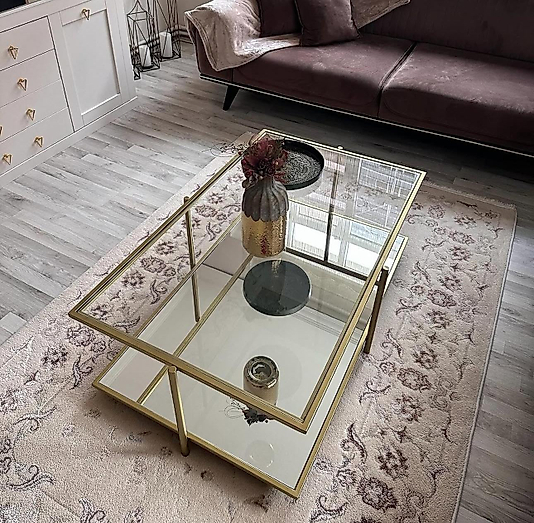 MAT GOLD DİKDÖRTGEN ORTA SEHPA ÜST ŞEFAF CAM ALT KLASİK AYNA