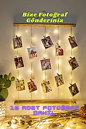 Miracix MRCKLT19 Kişiye Özel (fotoğraf Dahil) Mandallı Jüt Ipli 3 Mt Led Işıklı Masif Ahşap Çerçeve