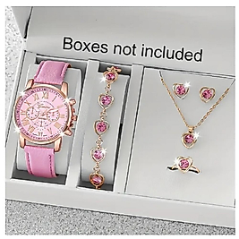 ( 6 X PARÇA ) TIME PINK SAAT + KALP KUPE +KOLYE + BİLEKLİK + YÜZÜK TAKI SETİ PEMBE