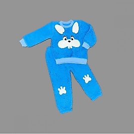 1-2-3 Yaş Kulaklı Tavşan Figürlü Kuzu Kumaş Sweat Pantolon Uzun Kollu Kız Erkek 2 Li Takımı Saks Mavisi