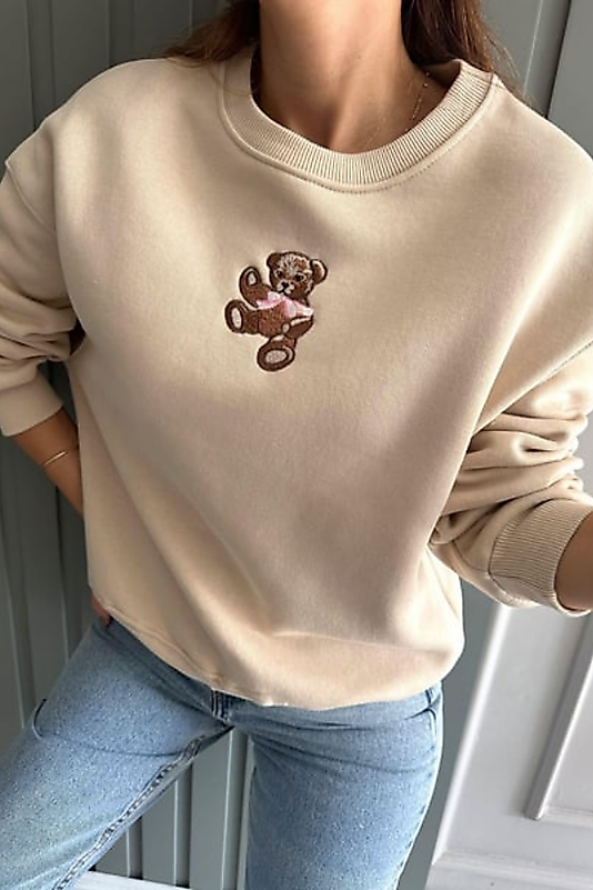 Bej Ayıcık Nakışlı Sweat