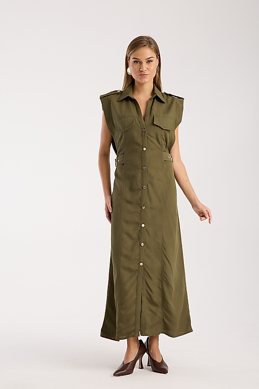 DÜĞMELİ KETEN ELBİSE HAKİ