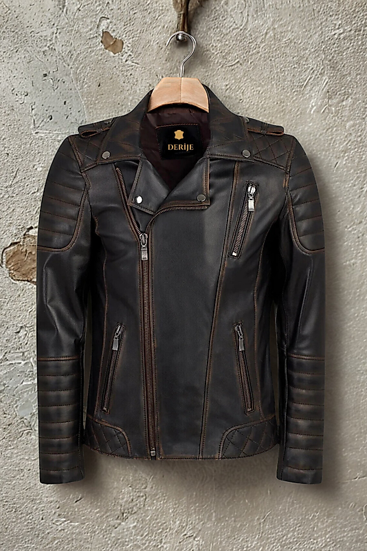 Modric Hakiki Deri Erkek Vintage Eskitme Biker Motorcu Tarzı Mont