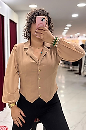 Şifon Kol Detaylı Kruvaze Gömlek -Kahve