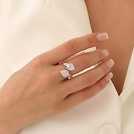 925 Ayar Gümüş Rodyumlu Pembe Renk Zirkon Taşlı Ayarlanabilir Damla ModelYüzük