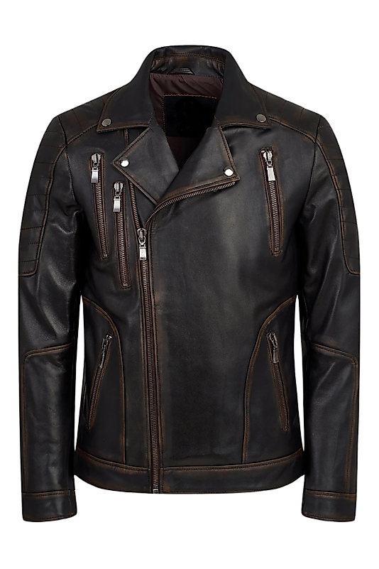 Dustin Hakiki Deri Erkek Vintage Eskitme Motorcu Tarzı Biker Ceket