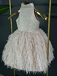 Kız Çocuk Tüy Detaylı Halter Yaka Elbise