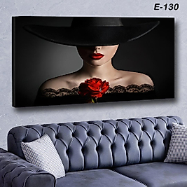 MERCAN MOBİLYA  VE AKSESUAR ,   130*70   SİYAH ŞAPKA KIRMIZI DUDAK KIRMIZI GÜL    KANVAS TABLO