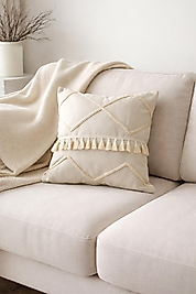 Püsküllü Etnik Krem Kırlent Kılıfı