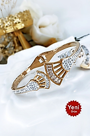 Yeni Sezon Yelpaze Model Zirkon Taşlı Rose Gold Renk Çelik Kelepçe Bileklik (17 cm)
