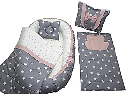Berababy Babynest Çantalı Gri Ve Pudra Tasarım Bebek Yuvası 5 Parça