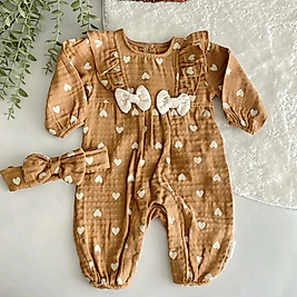 Kalp Baskılı Müslin Kız Bebek Tulum