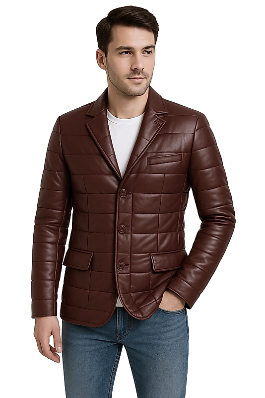 Silva Hakiki Deri Tafta Erkek Bordo Şişme Blazer Ceket