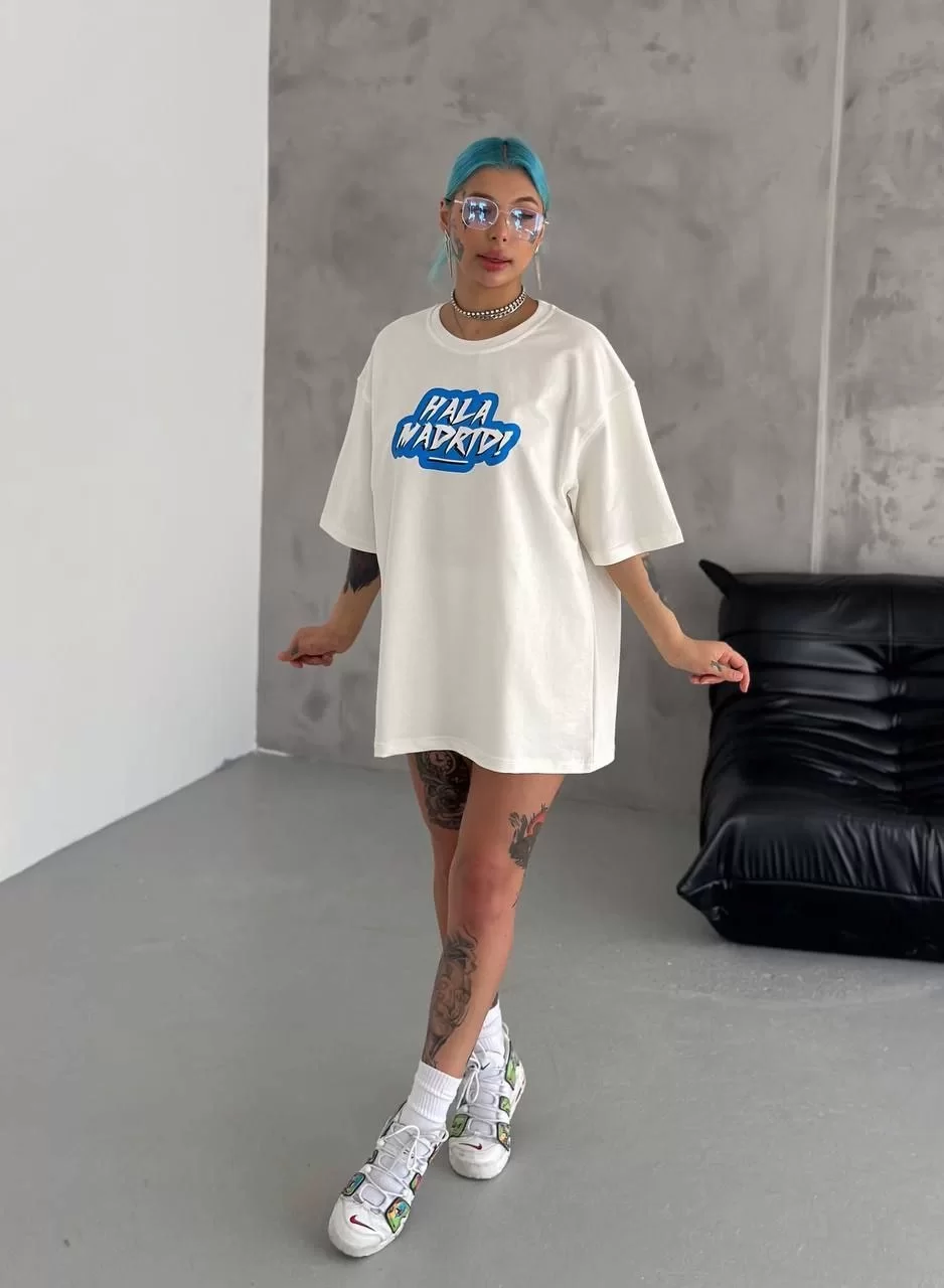 Unisex Bisiklet Yaka Baskılı Oversize T-Shirt - Beyaz