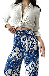 Desenli Beli Lastikli Bürümcük Pantolon -MAVİ-BEYAZ