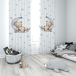 Minibabyrooms  Ayda Uyuyan Ayıcık Beyaz Zemin Temalı Fon Perde