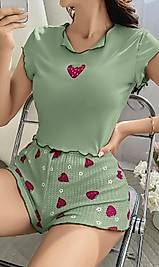 Kadın Yeşil Çilek Desenli Askılı Şortlu Pijama Takım 5004