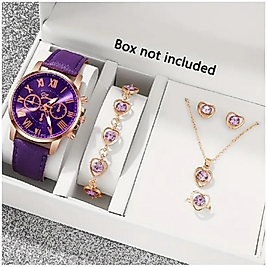 ( 6 X PARÇA ) TIME PURPLE SAAT + KALP KUPE +KOLYE + BİLEKLİK + YÜZÜK TAKI SETİ MOR
