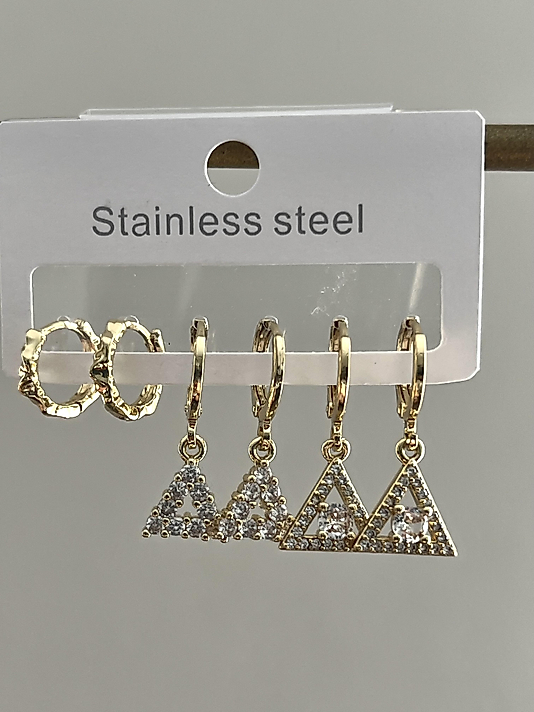 Çelik 6’lı Gold Taşlı Üçgen Küpe