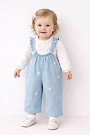 Kız Bebek 9-24 Ay Çiçek İşlemeli Kot Salopet Takım