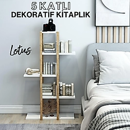 Lotus 5 Katlı Ahşap Kitaplık / Dekoratif Raf /  Çok Amaçlı Kullanım (Beyaz)