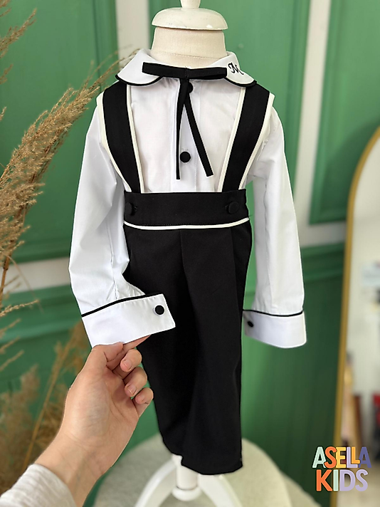 Bebe Yaka Siyah Salopet Takım - Yaka Nakışlı