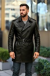 Lugano Hakiki Deri Erkek Siyah Kuşaklı Trençkot