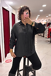 Oversize Dökümlü Dokulu Gömlek – Siyah