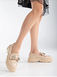 Kalın tabanlı krem  leofer model babet