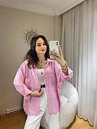 PREMİUM SERİ BASİC OVERSİZE TENSEL GÖMLEK ŞEKER PEMBE