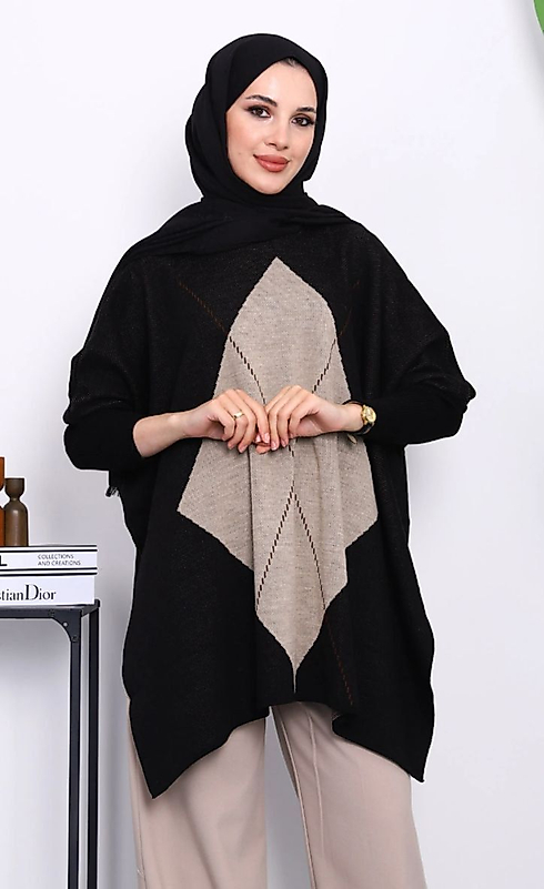 Oversize,Baklava Desen,Standart Beden Panço Kazak Siyah