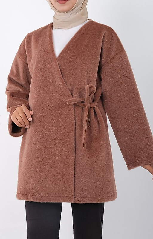 Beli Baglamali Yandan Kürklü Ceket Kahve Renk