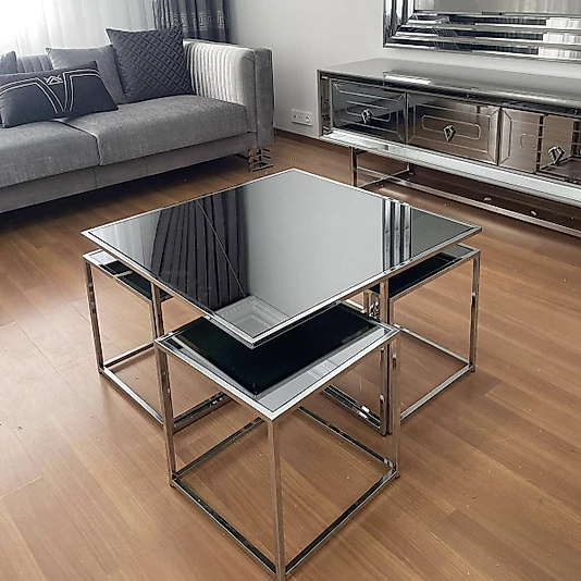 PARLAK KROM KARE 4+1 PİZZA ORTA SEHPA KOMPLE FÜME AYNA