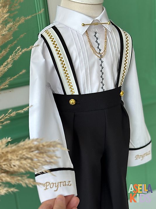 Erkek Çocuk Siyah Salopet Takım - Beyaz Detaylı