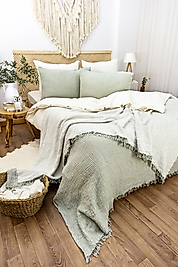 Müslin %100 Pamuk Yatak Örtüsü Çağla yeşili Renk 4 Katlı 240x230 cm.