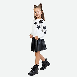 Kız Çocuk Yıldız Desenli Siyah Etekli İkili Takım