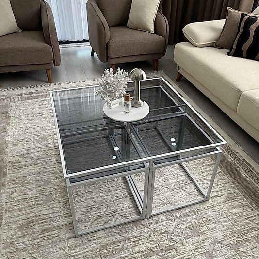 BEYAZ KARE 4+1 PİZZA ORTA SEHPA KOMPLE FÜME CAM