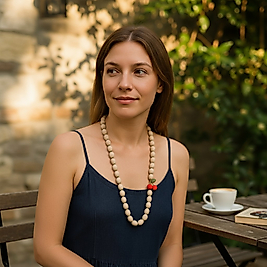 Kiraz Detaylı Bej Kumaş İmza Kolye