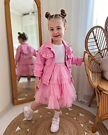 Pembe Renk Kot Ceketli Nakış İşlemeli Üçlü Kombin